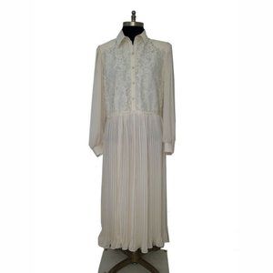 Vtg 70s 80s Semi Sheer Lace Pleated Dress M